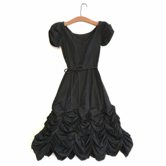 Vintage 50’s Black Silk Cocktail Sweetheart Dress with Draped Skirt M - Picture 1 of 5